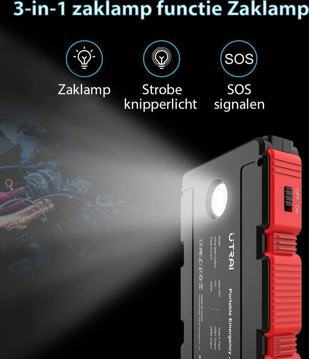 UTRAI - Jump Starter Auto - Batterij 13000mAh - 1000A - Smart-Clip Power Bank Met Batterij Detectie Voor 12V - Auto Booster Jumpstarter Mini - Afbeelding 6