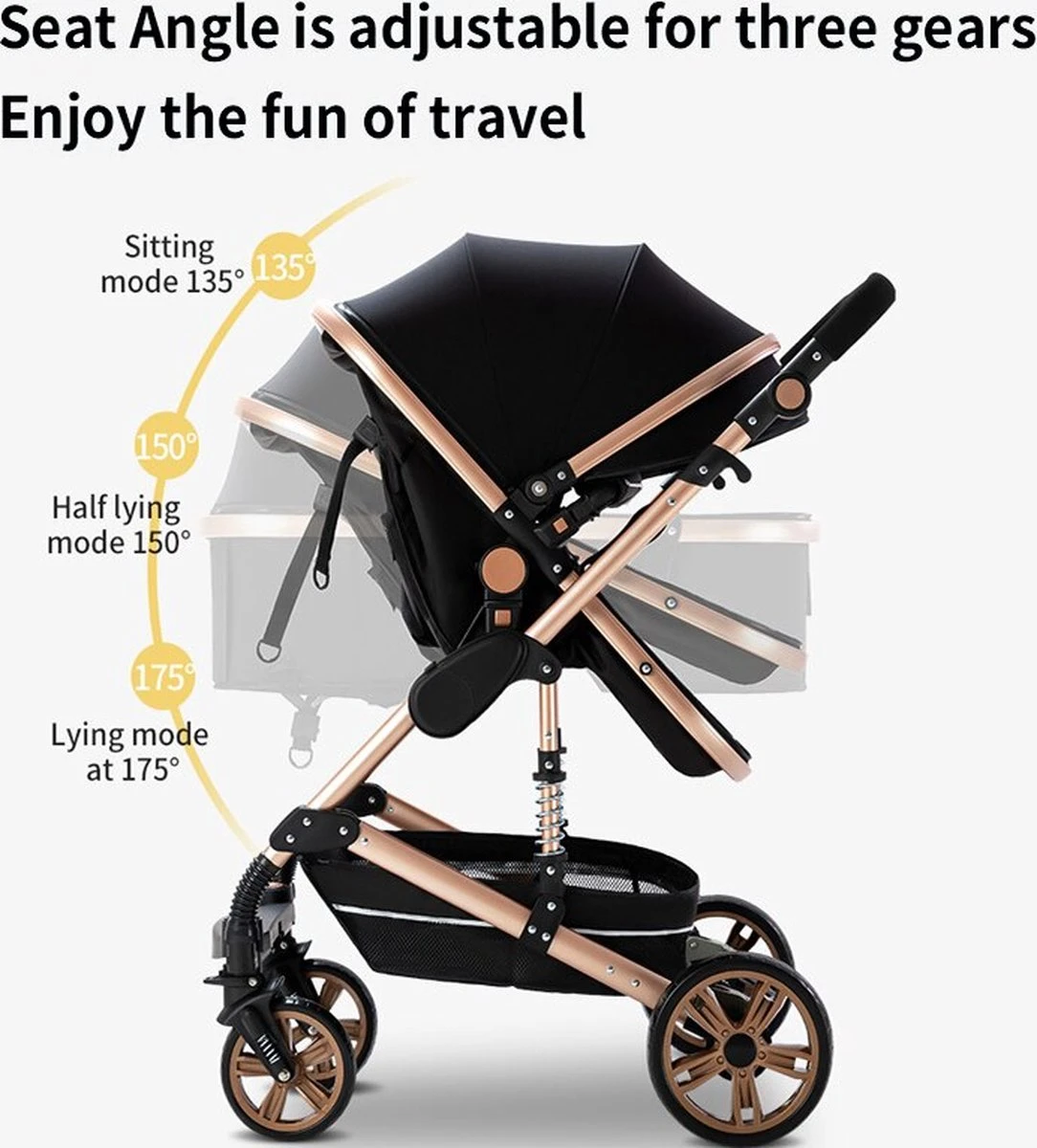 Luxe Kinderwagen 3 In 1 - Wandelwagen - Kinderwagen 3-in-1 Incl Autostoel - Kinderwagen Maxi Cosi – Buggy 3 In 1 - Newborn - Zwart/goud - Afbeelding 7