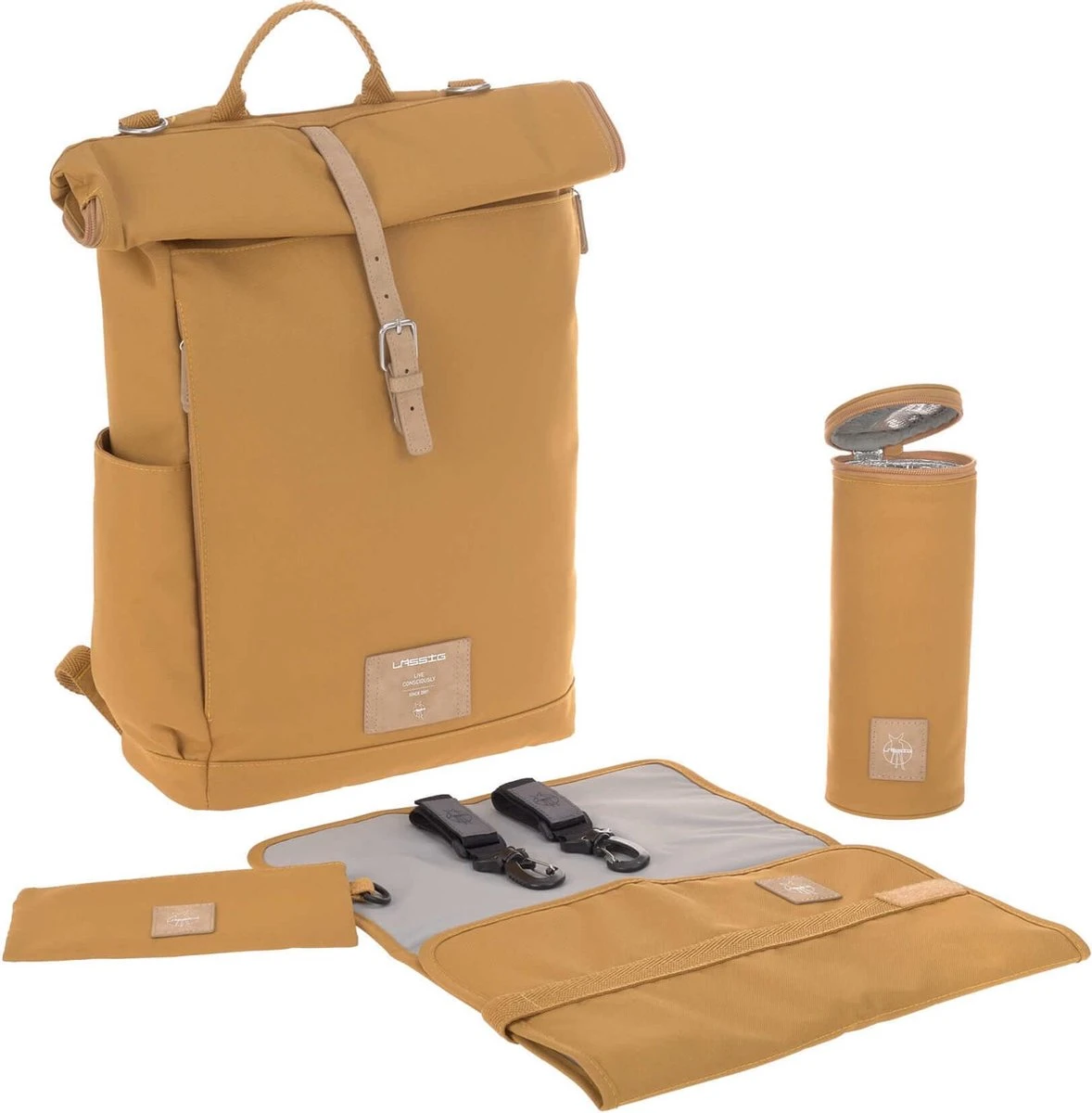 LÄSSIG Luiertas Rolltop Backpack Rugzak Incl Verschoningsmatje - Curry - Afbeelding 5