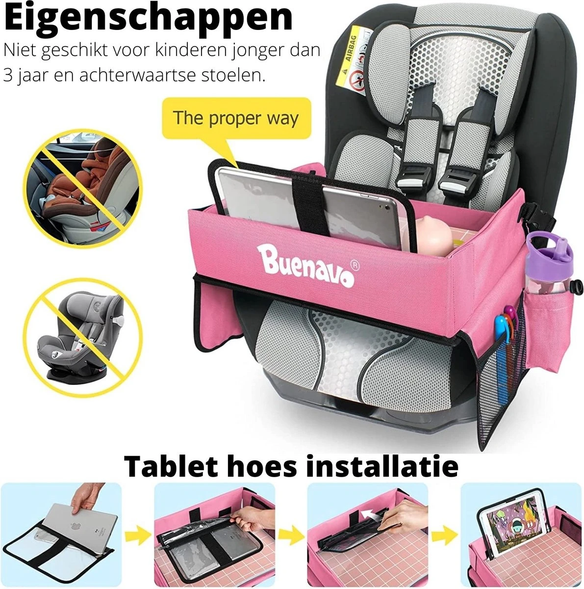 Premium Reistafel Voor Kinderen - Inclusief Tablethouder + Gratis Draagtas En Potloden - Auto Organizer - Playtray - Opvouwbaar - Speeltafel Auto - Tekentafel Auto - Roze - Afbeelding 3