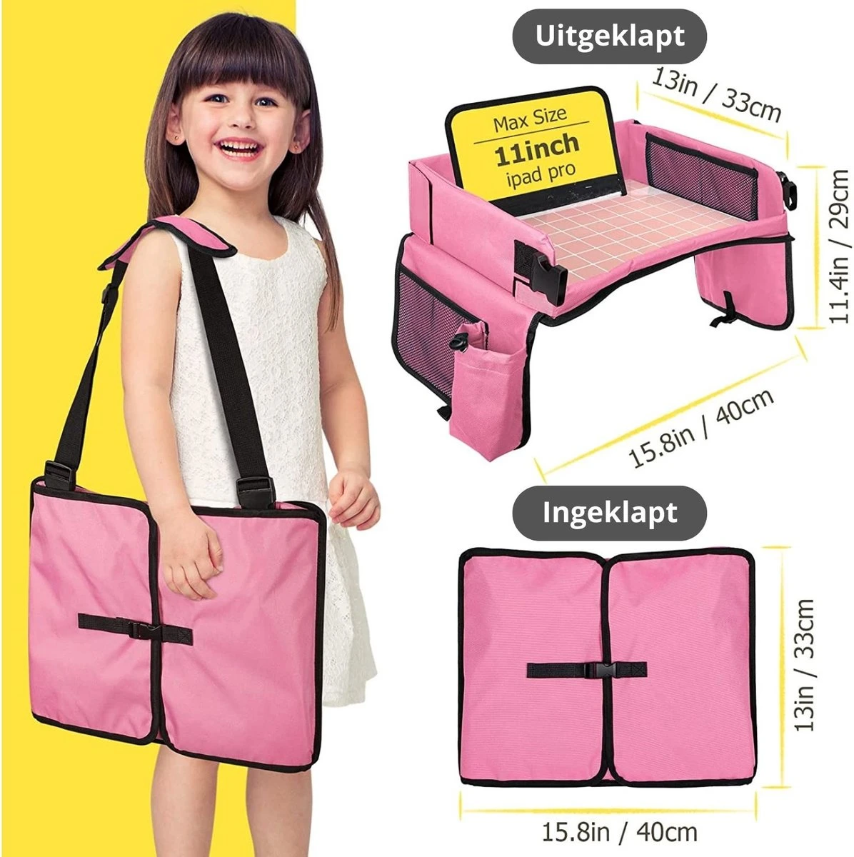 Premium Reistafel Voor Kinderen - Inclusief Tablethouder + Gratis Draagtas En Potloden - Auto Organizer - Playtray - Opvouwbaar - Speeltafel Auto - Tekentafel Auto - Roze - Afbeelding 6