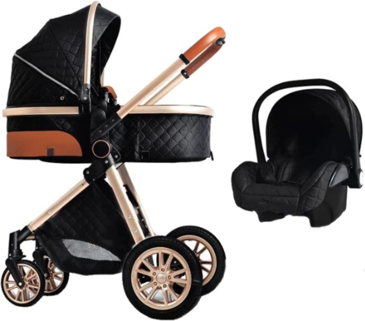 Merkloos Kinderwagen 3-in-1 – Luxe Kinderwagen - Buggy – Wandelwagen - Multifunctioneel – Opklapbaar – Incl. Autostoel – Zwart - Afbeelding 2