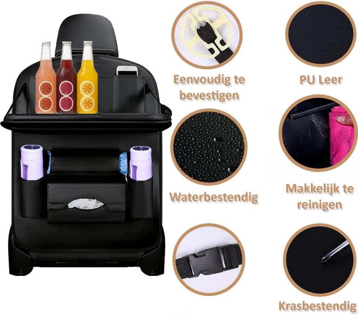 RAMBUX® - Autostoel Organizer Met Tray - Organizer Auto Stoelhoes Met Uitklapbare Tafel - Duurzaam Mat Zwart PU Leer Kunstleer - Tablethouder - Telefoonhouder - Fleshouder - Afbeelding 7