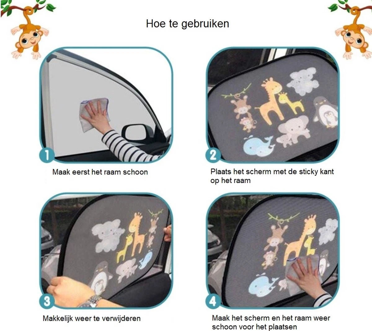 Merkloos Zonnescherm Auto Zijruit Kind - Zonwering Auto Zelfklevend - UV Protectie - Autozonnescherm Voor Kinderen - 2 Stuks - Dieren Multi Colour - Afbeelding 2