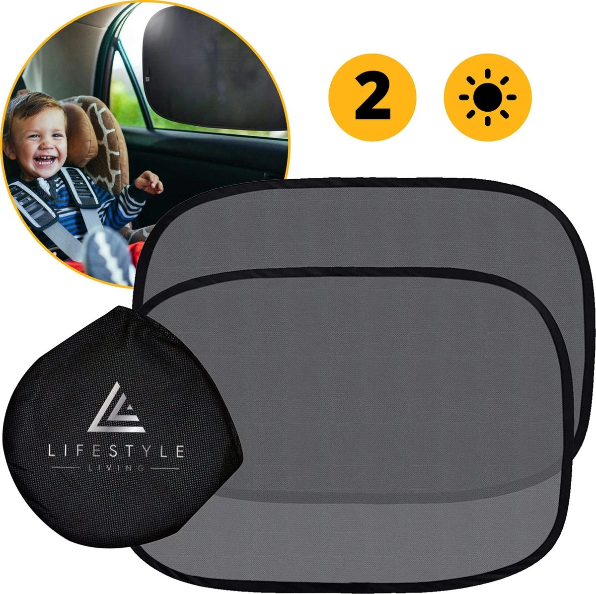 Lifestyle Living Zonnescherm Auto Zijruit – Zonwering Voor Baby En Kind – Zonder Zuignappen – UV Protectie – 2 Stuks – 51 X 31CM – Statisch - Zelfklevend