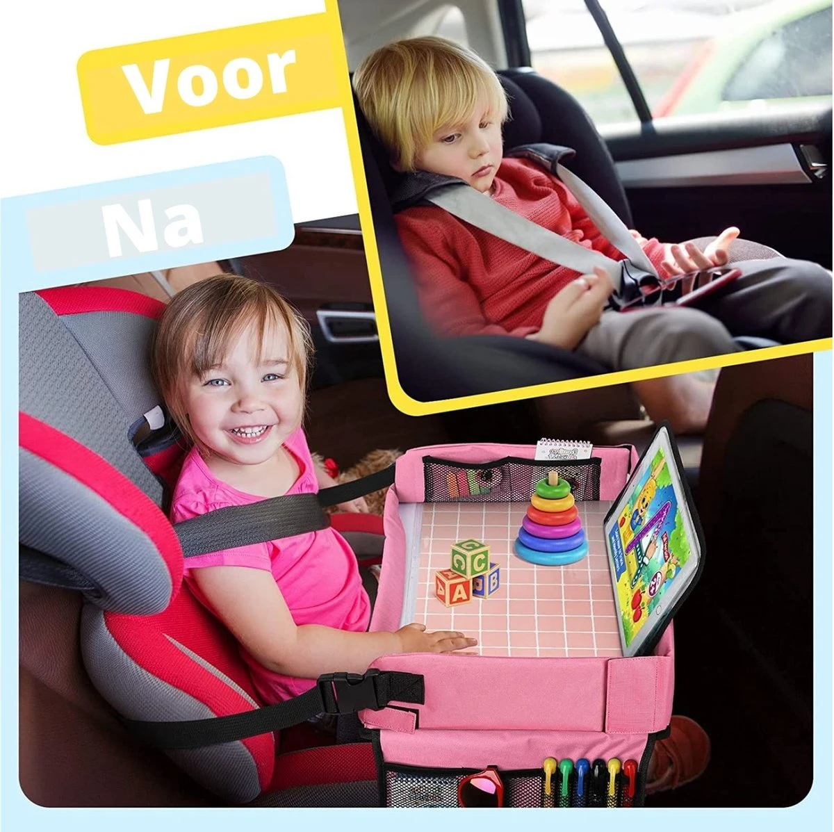 Premium Reistafel Voor Kinderen - Inclusief Tablethouder + Gratis Draagtas En Potloden - Auto Organizer - Playtray - Opvouwbaar - Speeltafel Auto - Tekentafel Auto - Roze - Afbeelding 5
