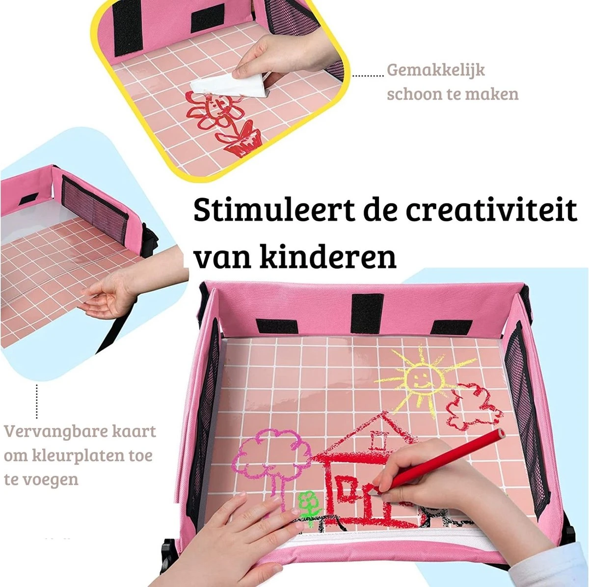 Premium Reistafel Voor Kinderen - Inclusief Tablethouder + Gratis Draagtas En Potloden - Auto Organizer - Playtray - Opvouwbaar - Speeltafel Auto - Tekentafel Auto - Roze - Afbeelding 2