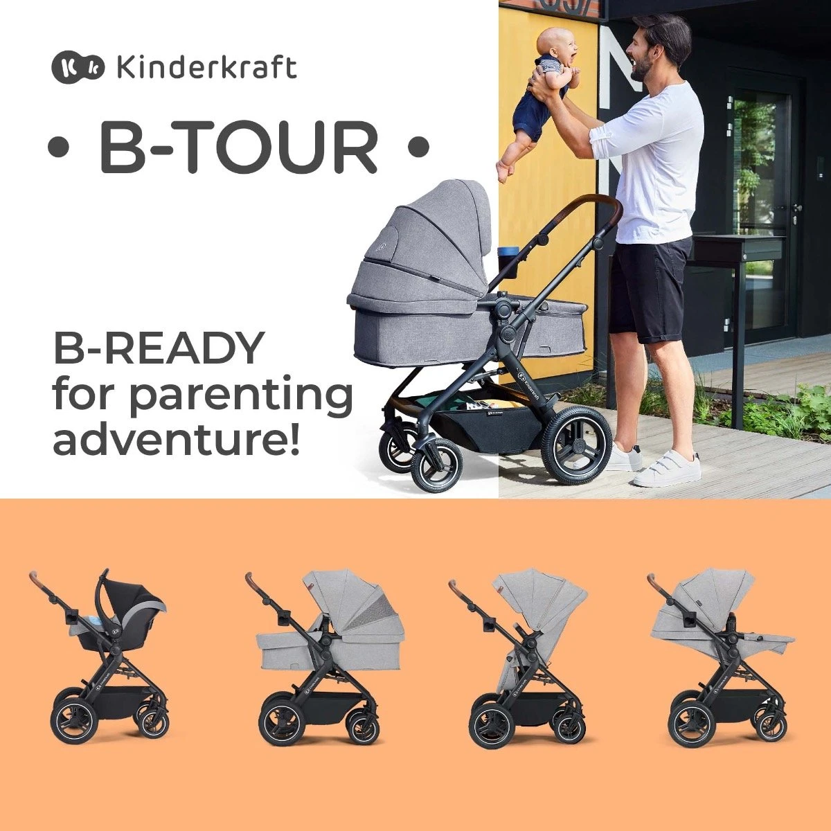 Kinderkraft B-Tour Ash Grey 3-in-1 Combi Kinderwagen Incl. Autostoel KSBTOU00DGR3000 - Afbeelding 10