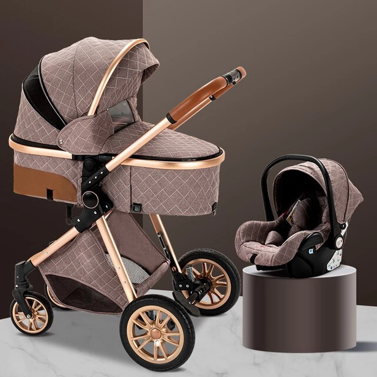 Merkloos Kinderwagen 3-in-1 – Luxe Kinderwagen - Buggy – Wandelwagen - Multifunctioneel – Opklapbaar – Incl Autostoel – Khaki