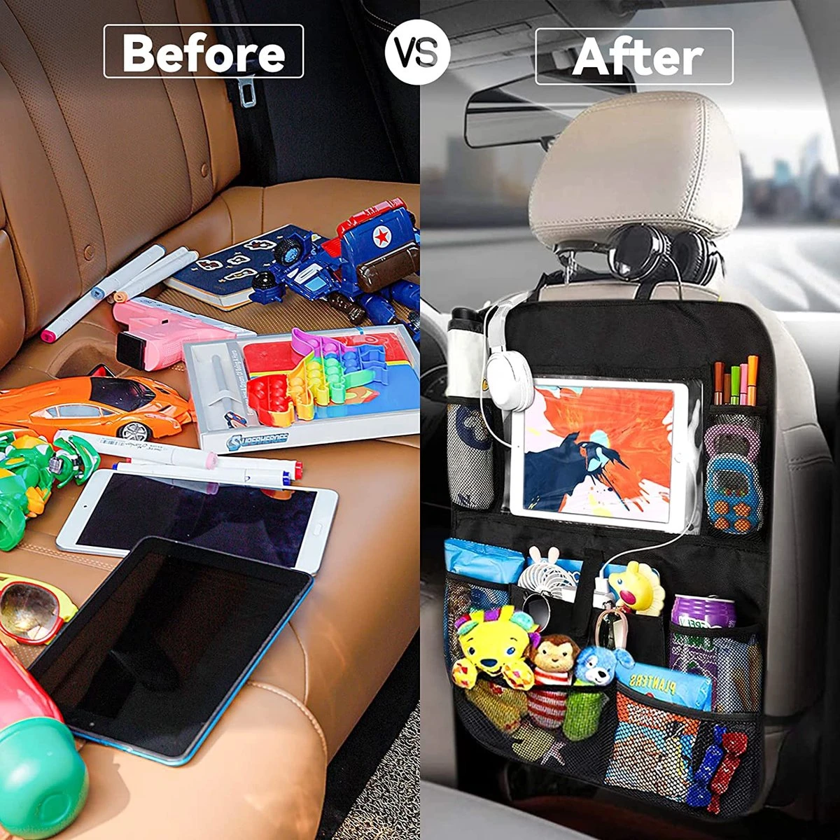 BOTC Autostoel Organizer - Luxe & Stevige Autostoel Organizer Met Tablet Houder - Set Van 2 - Auto Stoel Organiser - 10 Storage Pockets - Zwart - 2 Stuks - Afbeelding 5