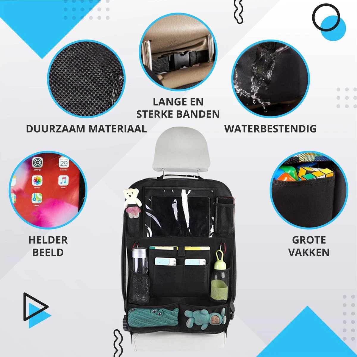 Merkloos Luxe En Stevige Autostoel Organizer Met Tablethouder – Auto Organizer – Auto/Accessoires/Bescherming – 45*65cm – Zwart - 1 Stuk - Afbeelding 2