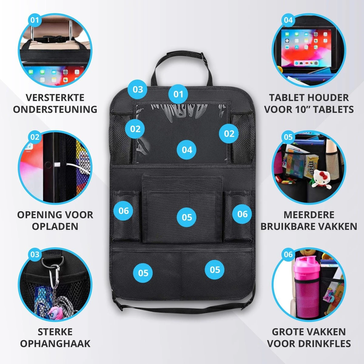 Merkloos Luxe En Stevige Autostoel Organizer Met Tablethouder – Auto Organizer – Auto/Accessoires/Bescherming – 45*65cm – Zwart - 1 Stuk - Afbeelding 4