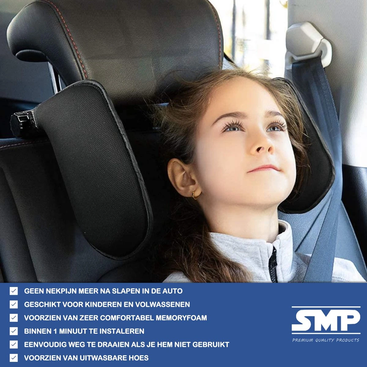 SMP® Hoofdsteun Auto Voor Kinderen En Volwassenen Voor Slapen In Auto - Nekkussen Auto - Reiskussen Auto - Neksteun Auto - Hoofdkussen Auto - Verstelbaar - Memoryfoam Met Ademde Stof - Zwart - Afbeelding 6