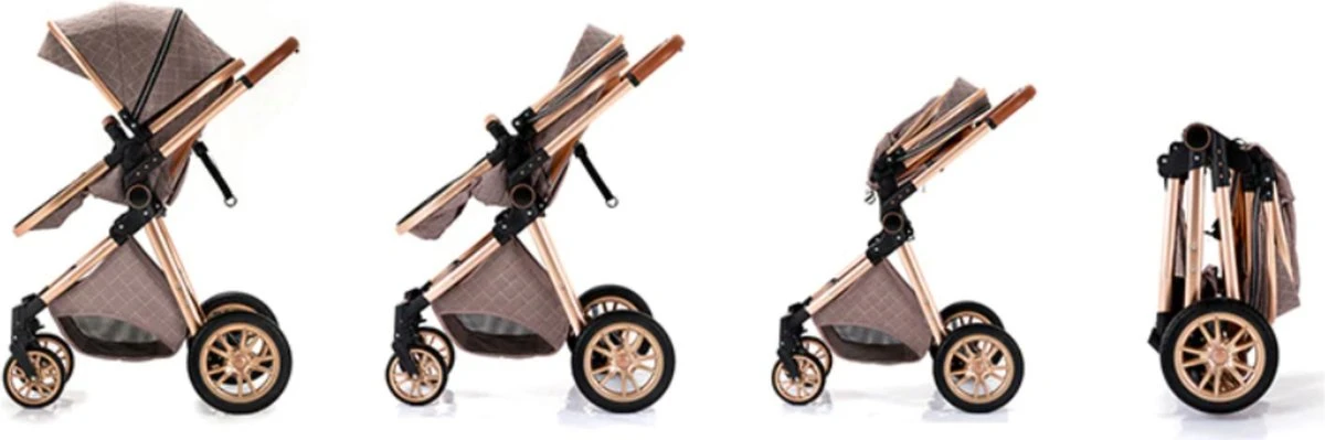 Merkloos Kinderwagen 3-in-1 – Luxe Kinderwagen - Buggy – Wandelwagen - Multifunctioneel – Opklapbaar – Incl Autostoel – Khaki - Afbeelding 2