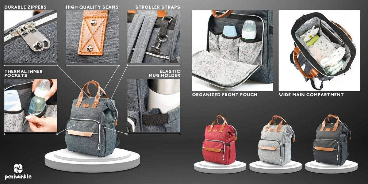 Periwinkle - Luiertassen - Waterproof Baby Verzorgingstas - Baby Rugzak - Luiertas - Verzorgingstas - Linnen - Bordeaux - Afbeelding 5