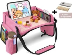 Premium Reistafel Voor Kinderen - Inclusief Tablethouder + Gratis Draagtas En Potloden - Auto Organizer - Playtray - Opvouwbaar - Speeltafel Auto - Tekentafel Auto - Roze