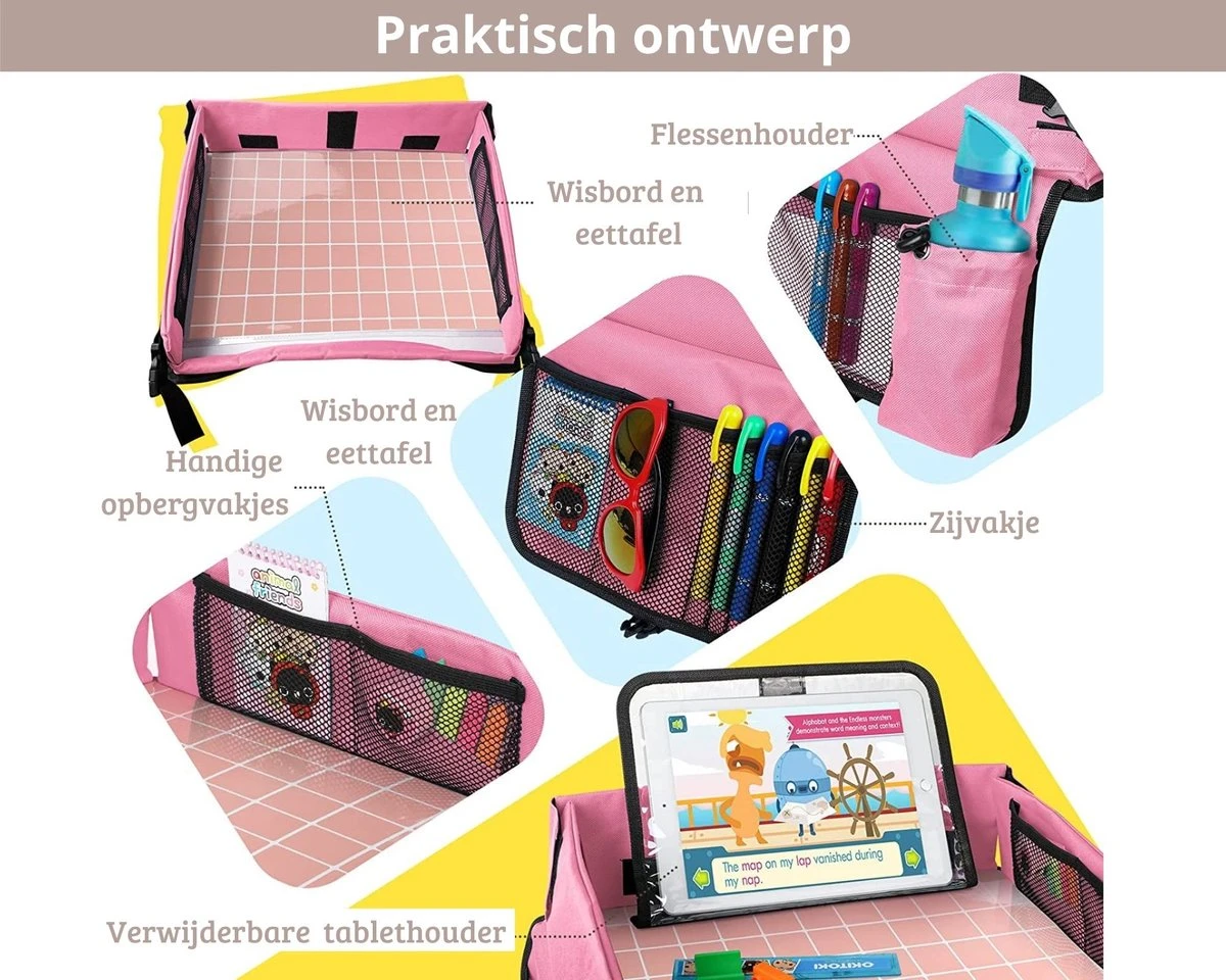 Premium Reistafel Voor Kinderen - Inclusief Tablethouder + Gratis Draagtas En Potloden - Auto Organizer - Playtray - Opvouwbaar - Speeltafel Auto - Tekentafel Auto - Roze - Afbeelding 4