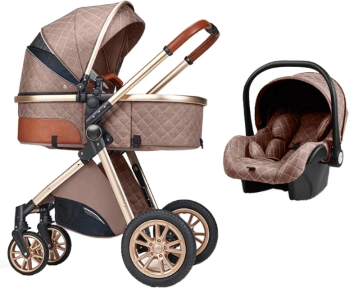 Merkloos Kinderwagen 3-in-1 – Luxe Kinderwagen - Buggy – Wandelwagen - Multifunctioneel – Opklapbaar – Incl Autostoel – Khaki - Afbeelding 7