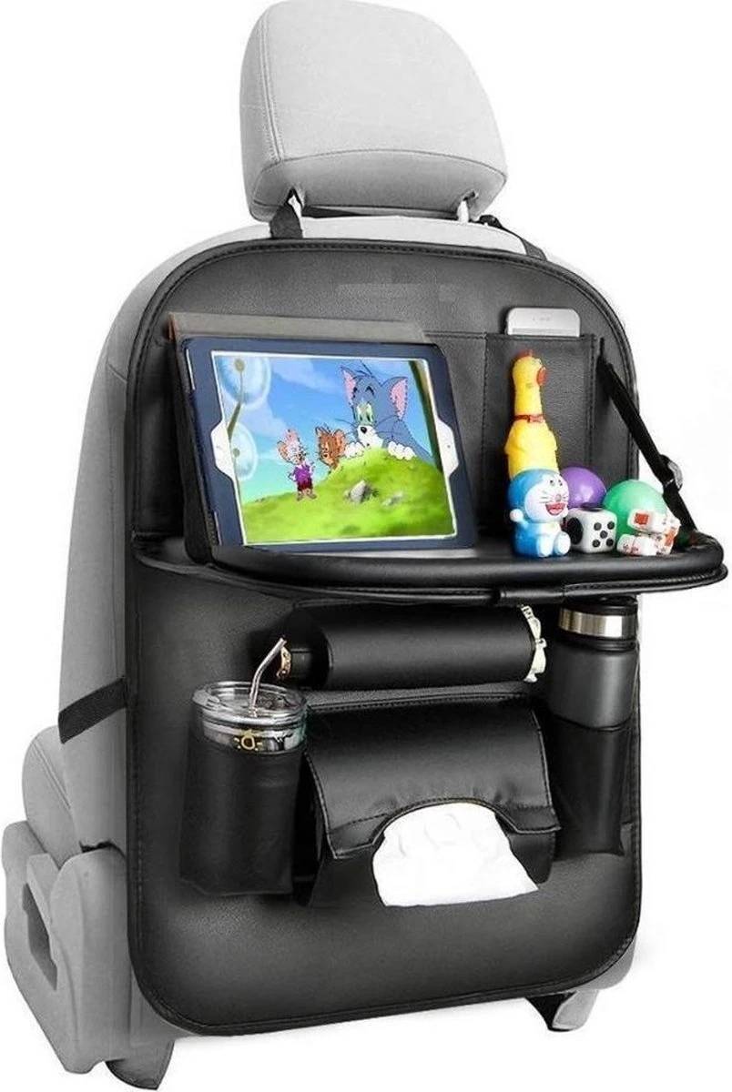RAMBUX® - Autostoel Organizer Met Tray - Organizer Auto Stoelhoes Met Uitklapbare Tafel - Duurzaam Mat Zwart PU Leer Kunstleer - Tablethouder - Telefoonhouder - Fleshouder - Afbeelding 2