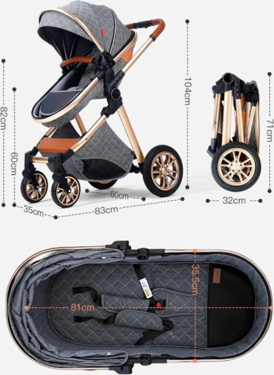 Merkloos Kinderwagen 3-in-1 – Luxe Kinderwagen - Buggy – Wandelwagen - Multifunctioneel – Opklapbaar – Incl. Autostoel – Zwart - Afbeelding 4