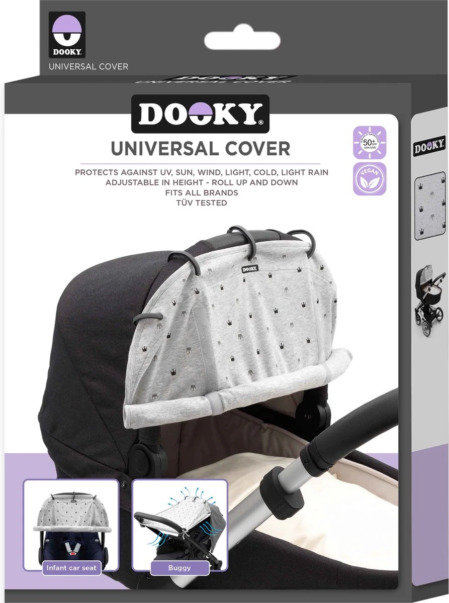 Dooky Universal Cover Zonnescherm Kinderwagen - Light Grey Crowns - Afbeelding 7