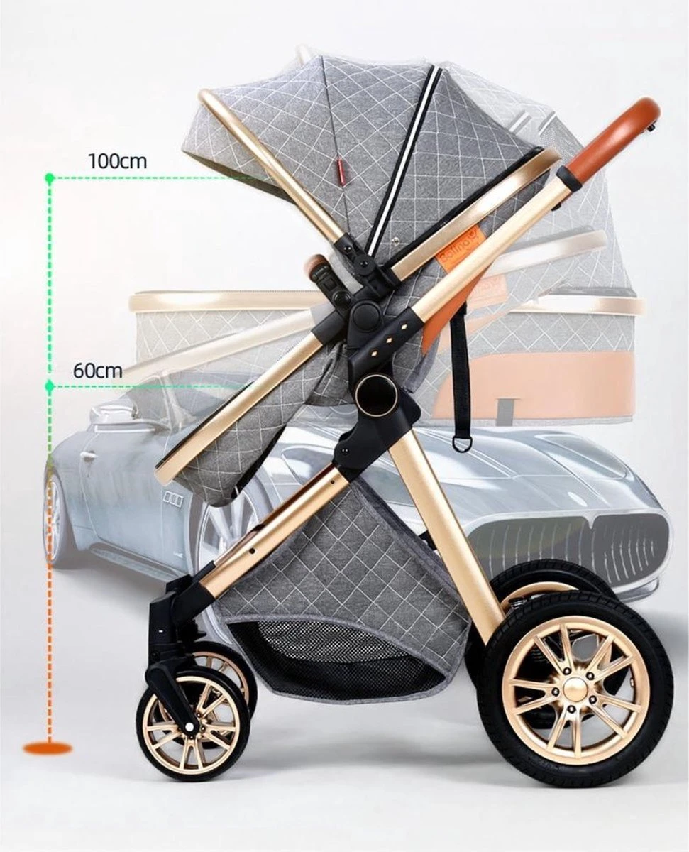 Merkloos Kinderwagen 3-in-1 – Luxe Kinderwagen - Buggy – Wandelwagen - Multifunctioneel – Opklapbaar – Incl Autostoel – Grijs - Afbeelding 3